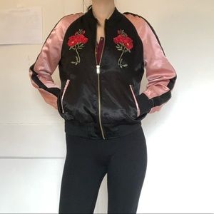 Black and pink bomber jacket with flower design